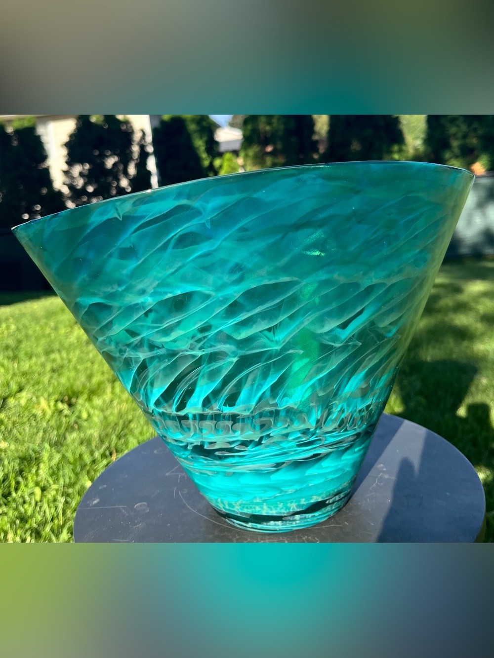 Crate and Barrel Murano Venezia “Aquatic” art glass large vase, bowl Teal Blue
